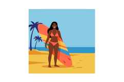 A woman in a bikini holding a colorful surfboard on a sunny Product Image 1