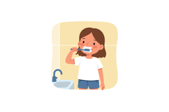 Young girl brushing her teeth in a minimalist bathroom setti Product Image 1