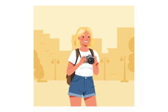 Young woman holding a camera in a sunny urban setting, flat Product Image 1