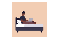 Young man sitting comfortably on a bed using a laptop in a m Product Image 1