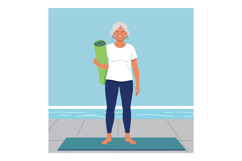 Senior woman holding green yoga mat in flat design style vec Product Image 1