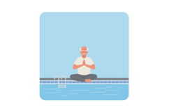 Elderly man meditating peacefully beside a swimming pool in Product Image 1