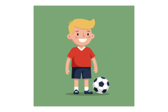 Cheerful young boy in red soccer uniform with ball on green Product Image 1