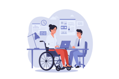A woman in a wheelchair working on a laptop while discussing Product Image 1