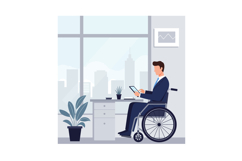 A man in a wheelchair working at a desk in a modern office, Product Image 1