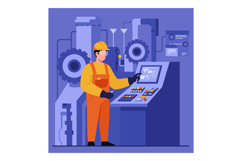 A factory worker in orange overalls operating a control pane Product Image 1