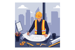 Construction worker in safety gear analyzing blueprints in a Product Image 1