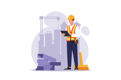 Construction worker in safety gear using a tablet at a build Product Image 1
