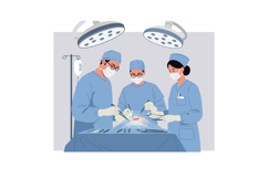 Three surgeons performing a delicate operation under bright Product Image 1