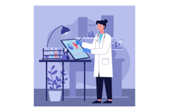 Scientist in a lab coat examining research data on a digital Product Image 1