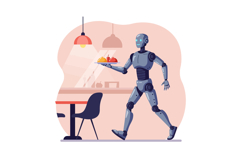 Robot waiter serving food in a modern dining room, flat vect Product Image 1