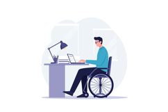 Young man in wheelchair working on laptop at desk in modern Product Image 1