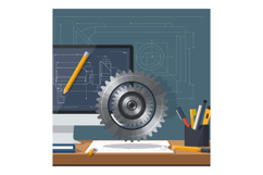 Engineering workspace with computer, gear, and drafting tool Product Image 1