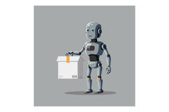 Robot character holding a delivery box in a flat, minimal de Product Image 1