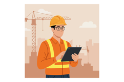 Construction worker in orange safety gear using tablet in fl Product Image 1