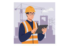 Construction worker in safety gear using tablet in a flat ve Product Image 1