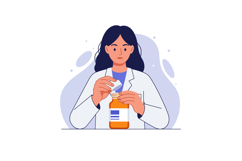 Woman in a white lab coat opening a medicine bottle in a fla Product Image 1