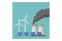 Wind turbines and solar panels with smoke from cooling tower Product Image 1