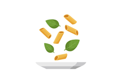 Pasta rigatoni and fresh basil leaves floating above a white Product Image 1