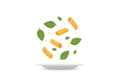 Pasta tubes and fresh green basil leaves floating above a wh Product Image 1