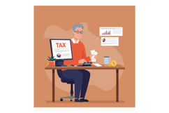 Elderly man working on tax preparation at desk in flat vecto Product Image 1
