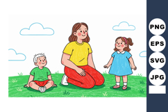 Mother with two children playing outside on green grass unde Product Image 1