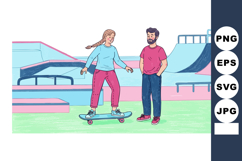 Young woman learning skateboarding at skate park with instru Product Image 1