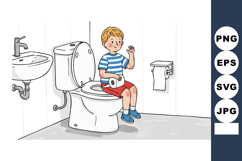 Young boy sitting on toilet holding toilet paper roll in cle Product Image 1