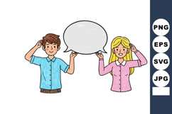 Young man and woman holding blank speech bubble communicatin Product Image 1