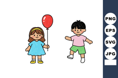 Children playing with red balloon in colorful casual clothes Product Image 1