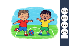 Two happy children playing soccer on green field with blue s Product Image 1