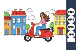 Woman riding red scooter on city street with colorful houses Product Image 1