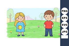 Children playing outside on grassy field with trees and flow Product Image 1