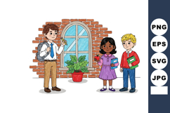 Three diverse children standing near brick wall window with Product Image 1