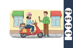 Young woman riding red scooter receiving flower from man cas Product Image 1