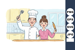 Chef and woman cooking together kitchen scene holding spatul Product Image 1