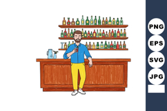 Bartender holding glass standing behind wooden bar counter w Product Image 1