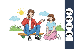 Young man sitting on skateboard talking on phone while girl Product Image 1