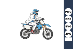 Dirt bike rider wearing blue helmet and white suit speeding Product Image 1