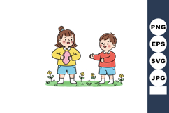 Two cheerful children playing outdoors with flowers and toy Product Image 1