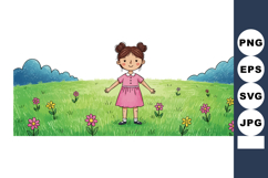 Little girl standing in green grassy field with pink and yel Product Image 1