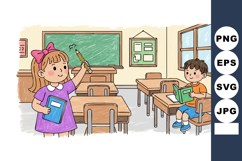 Children learning in classroom with books and chalkboard edu Product Image 1