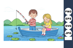 Children fishing on boat in lake with lily pads and mountain Product Image 1