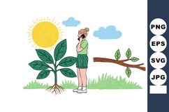 Young woman standing near growing plant with sun and branch Product Image 1
