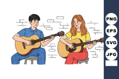 Young man and woman playing acoustic guitars together in cas Product Image 1