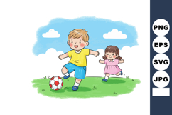 Children playing soccer outdoors on green grass field with b Product Image 1