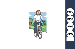 Woman riding bicycle outdoors with casual clothing and sceni Product Image 1