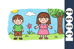 Children playing outdoors sunny day with tree flower and gra Product Image 1