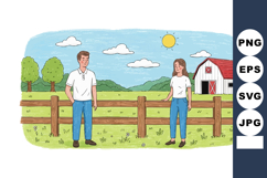 Man and woman standing on farm field near wooden fence with Product Image 1