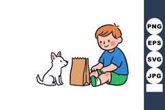 Boy feeding small white dog sitting next to paper bag in cas Product Image 1